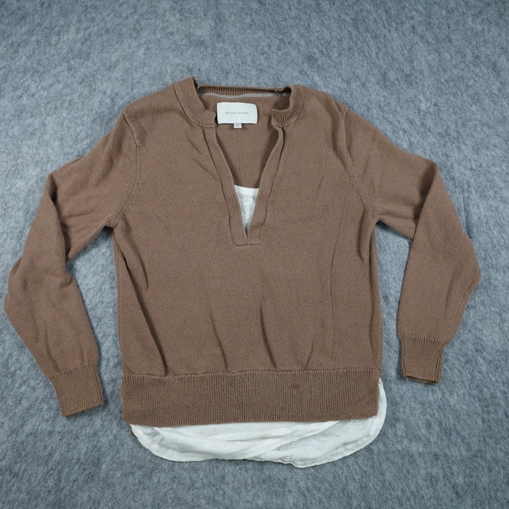 Brochu Walker Sweater Women Small Brown Cotton Linen Layered V Neck Pullover